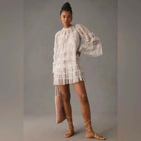 Mac Duggal Long-Sleeve Printed Mesh A-Line Mini Dress - Picture 4 of 13